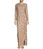 Color:Rose Gold - Image 1 - Beaded Boat Neck Long Sleeve Front Slit Gown