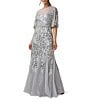 Color:Silver - Image 1 - Beaded Crew Neck Short Sleeve Cape Back Gown