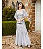 Color:Silver - Image 5 - Beaded Crew Neck Short Sleeve Cape Back Gown