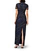 Aidan Mattox Beaded Mesh Short Sleeve Column Long Gown, Color:Navy - Image 2