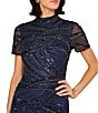 Aidan Mattox Beaded Mesh Short Sleeve Column Long Gown, Color:Navy - Image 3