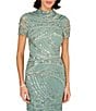 Aidan Mattox Beaded Mesh Short Sleeve Column Long Gown, Color:Greenslate - Image 3