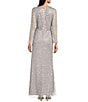 Color:Silver - Image 2 - Sequined V-Neck Long Illusion Sleeve Front Slit Gown