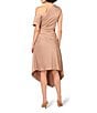 Aidan Mattox Crepe Back Satin One-Shoulder Neck Short Sleeve Pleated Asymmetrical Midi Dress, Color:Cafe Mocha - Image 2