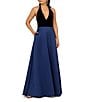Aidan Mattox Halter Deep V-Neck Satin Velvet A-Line Gown, Color:Black/Blue - Image 1