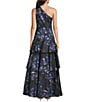 Aidan Mattox Jacquard One Shoulder Ruffle Tiered A-Line Gown, Color:Navy Multi - Image 2
