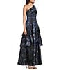 Aidan Mattox Jacquard One Shoulder Ruffle Tiered A-Line Gown, Color:Navy Multi - Image 3