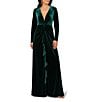 Aidan Mattox Long Sleeve Deep V Neck Velvet A Line Gown With Twist Ruffle, Color:Spruce - Image 1