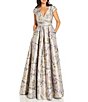 Color:Champagne Multi - Image 1 - Metallic Brocade Floral V-Neck Cap Sleeve Ball Gown