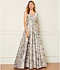 Color:Champagne Multi - Image 5 - Metallic Brocade Floral V-Neck Cap Sleeve Ball Gown
