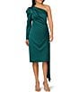Aidan Mattox One Shoulder Wrap Satin Midi Dress, Color:Green Gem - Image 1
