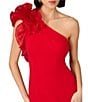 Color:Red - Image 3 - Organza Ruffle One-Shoulder Sleeveless Long Column Gown