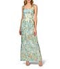 Color:Green Multi - Image 1 - Printed Jacquard Square Neck Sleeveless Ruched Gown