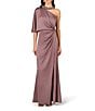 Aidan Mattox Satin Crepe Back Asymmetrical One Shoulder Beaded Neck Short Sleeve Side Twist Column Gown, Color:Moonstone - Image 1