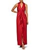 Aidan Mattox Satin V-Neck Twist Front with Cascading Ruffle Gown, Color:Autumn Blaze - Image 1