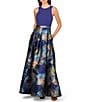 Aidan Mattox Sleeveless Tie Back Mix Media Floral Ballgown, Color:Blue/Yellow - Image 1
