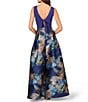 Aidan Mattox Sleeveless Tie Back Mix Media Floral Ballgown, Color:Blue/Yellow - Image 2