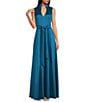 Color:Dark Teal - Image 3 - Stand Collar V-Neck Sleeveless Tie Waist Mikado Ball Gown