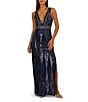 Aidan Mattox V-Neck Sleeveless Full Bead Gown, Color:Navy Gunmetal - Image 1