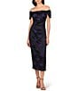 Aidan Mattox Woven Jacquard Off The Shoulder Neck Cap Sleeve Pleated Midi Sheath Dress, Color:Black/Blue - Image 1
