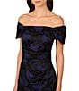 Aidan Mattox Woven Jacquard Off The Shoulder Neck Cap Sleeve Pleated Midi Sheath Dress, Color:Black/Blue - Image 3