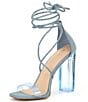 Color:Denim - Image 4 - Onardonia Denim Strappy Ankle Wrap Clear Lucite Heel Sandals