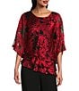 Alex Evenings Illusion Elbow Sleeve Boat Neck Asymmetrical Hem Triple Tier Chiffon Blouse, Color:Black/Red - Image 1