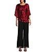 Alex Evenings Illusion Elbow Sleeve Boat Neck Asymmetrical Hem Triple Tier Chiffon Blouse, Color:Black/Red - Image 3