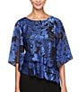 Alex Evenings Illusion Elbow Sleeve Boat Neck Asymmetrical Hem Triple Tier Chiffon Blouse, Color:Black Royal - Image 1