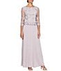 Color:Smoky Orchid - Image 1 - 3/4 Illusion Sleeve Boat Neck Floral Embroidered Lace Long A-Line Dress