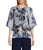 Color:Silver Multi - Image 1 - 3/4 Sleeve Boat Neck Asymmetrical Tiered Hem Floral Printed Chiffon Blouse