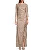 Color:Buff - Image 1 - 3/4 Sleeve Boat Neck Front Cascade Ruffle Sequin Lace Gown