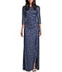 Color:Wedgewood - Image 1 - 3/4 Sleeve Boat Neck Front Cascade Ruffle Sequin Lace Gown