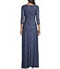 Color:Wedgewood - Image 2 - 3/4 Sleeve Boat Neck Front Cascade Ruffle Sequin Lace Gown
