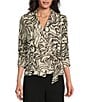 Color:Ivory/Black - Image 1 - 3/4 Sleeve Collared Neck Tie Waist Printed Blouse