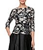 Alex Evenings 3/4 Sleeve Crew Neck Tie Waist Embroidered Floral Blouse, Color:Black Buff - Image 1