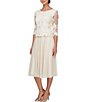 Color:Taupe - Image 1 - 3/4 Sleeve Round Neck Floral Embroidered Stretch Mesh Midi Dress
