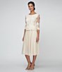 Color:Taupe - Image 5 - 3/4 Sleeve Round Neck Floral Embroidered Stretch Mesh Midi Dress