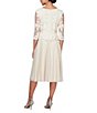 Color:Taupe - Image 2 - 3/4 Sleeve Round Neck Floral Embroidered Stretch Mesh Midi Dress