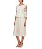 Color:Taupe - Image 3 - 3/4 Sleeve Round Neck Floral Embroidered Stretch Mesh Midi Dress