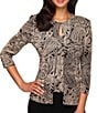 Color:Black/Stone - Image 1 - Scoop Neck 3/4 Sleeve Glitter Printed Twinset