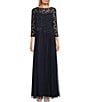 Color:Navy - Image 1 - 3/4 Sleeve Illusion Sweetheart Boat Neck Beaded Bodice Gown