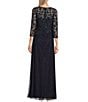 Color:Navy - Image 2 - 3/4 Sleeve Illusion Sweetheart Boat Neck Beaded Bodice Gown