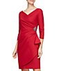 Color:Deep Red - Image 3 - Surplice V-Neck 3/4 Sleeve Ruffle Beaded Hip Detail Scuba Compression Sheath Dress