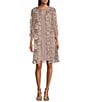 Color:Taupe - Image 1 - 3/4 Sleeve Scoop Neck Embroidered Scallop Trim Jacket Dress
