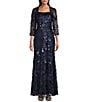 Alex Evenings 3/4 Sleeve Square Neck Sequin Gown, Color:Navy - Image 1