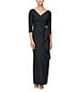 Color:Black - Image 1 - 3/4 Sleeve Surplice V-Neck Cascade Ruffle Skirt Gown