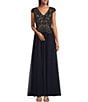Color:Navy - Image 1 - Beaded Tulle Cap Sleeve V-Neck Bodice Ball Gown