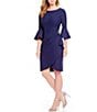 Color:Navy - Image 1 - Scuba Crepe Round Neck 3/4 Bell Sleeve Embellished Brooch Cascade Ruffle Compression Sheath Dress