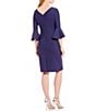 Color:Navy - Image 2 - Scuba Crepe Round Neck 3/4 Bell Sleeve Embellished Brooch Cascade Ruffle Compression Sheath Dress